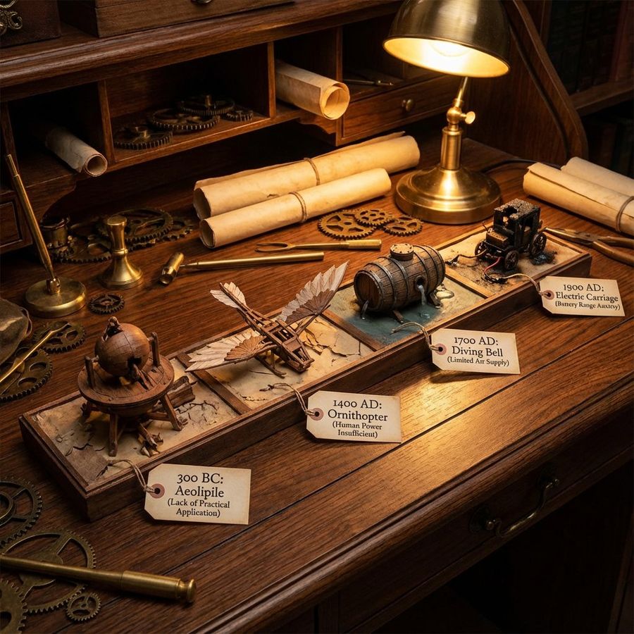 Detailed Diorama on a Long Wooden Desk Showing a Timeline of Failed — Nano Banana Pro image prompt example