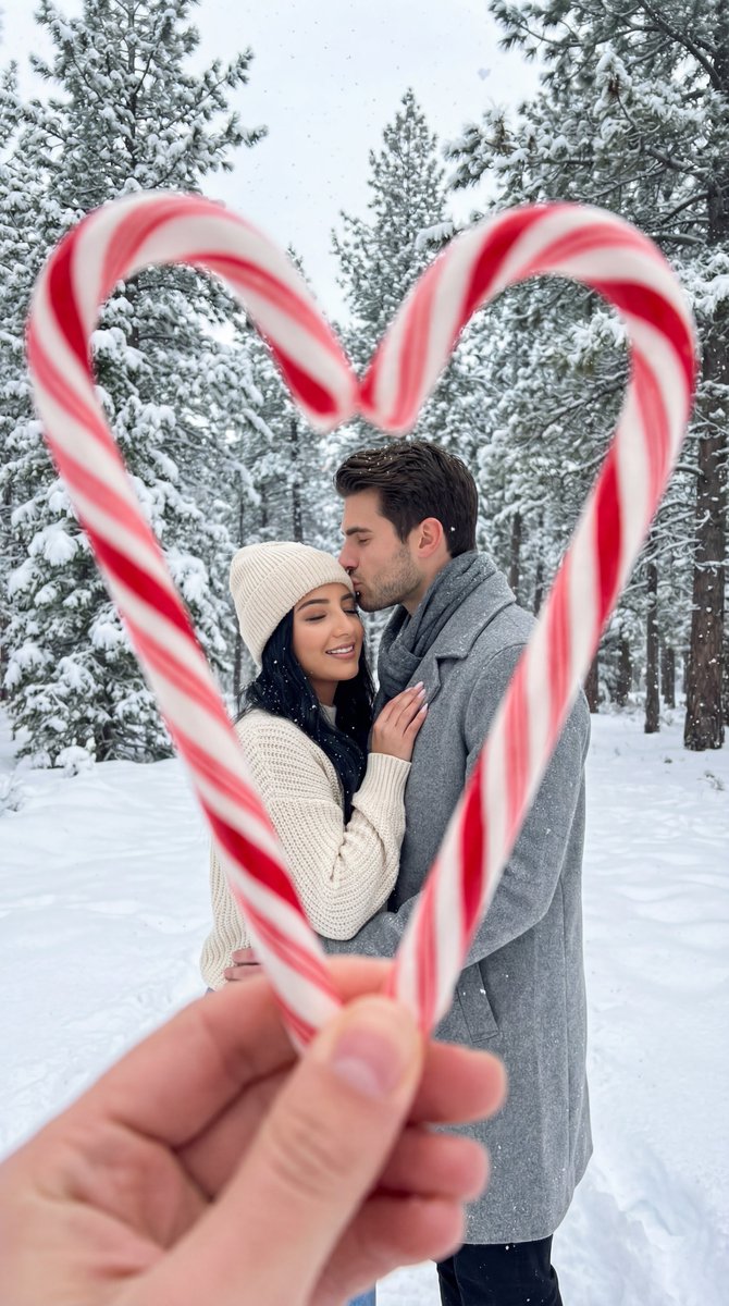 Photoreal Cinematic Winter Couple Candy Cane Heart Foreground — Nano Banana Pro image prompt example