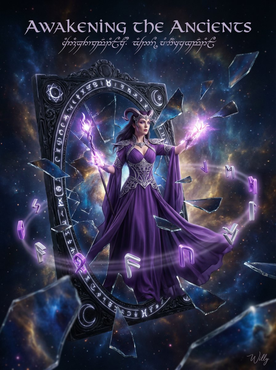 Mysterious Sorceress Emerging from a Cracked Obsidian Mirror, Shards — Nano Banana Pro image prompt example