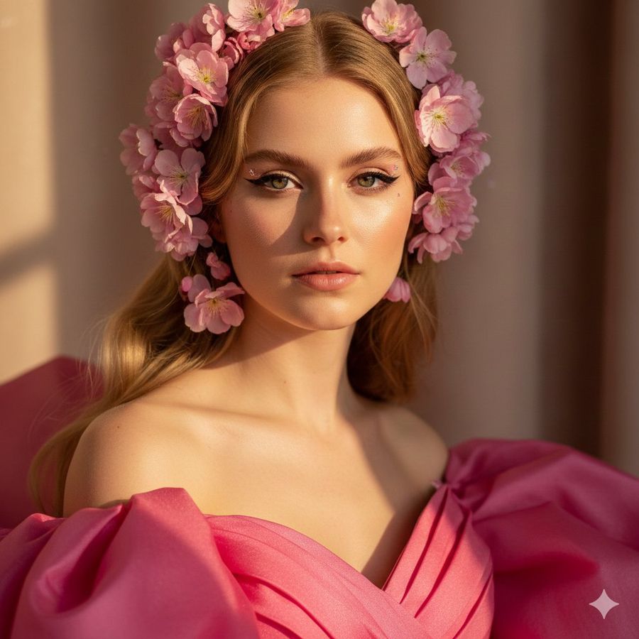 Cinematic Pink Blossom Couture Portrait — Nano Banana Pro image prompt example