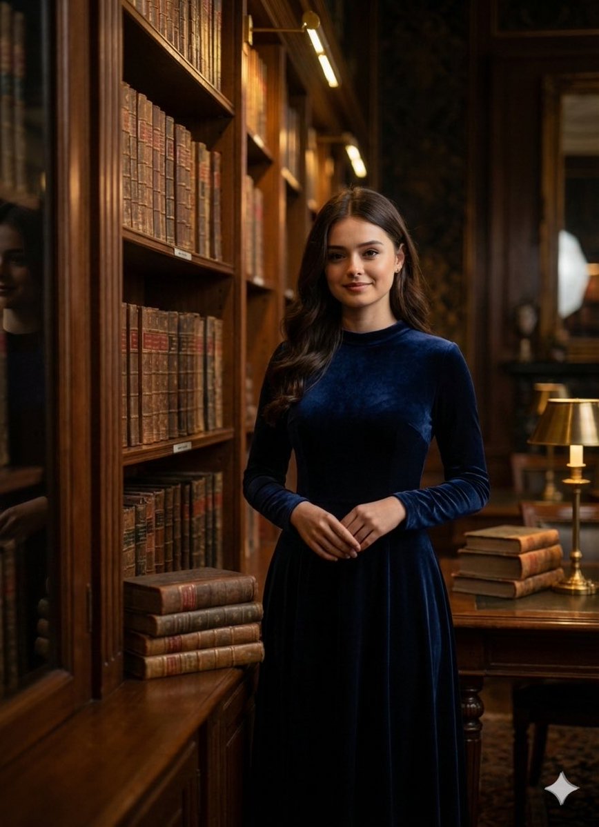 Female Standing by Bookshelves, Relaxed Stance — Nano Banana Pro image prompt example