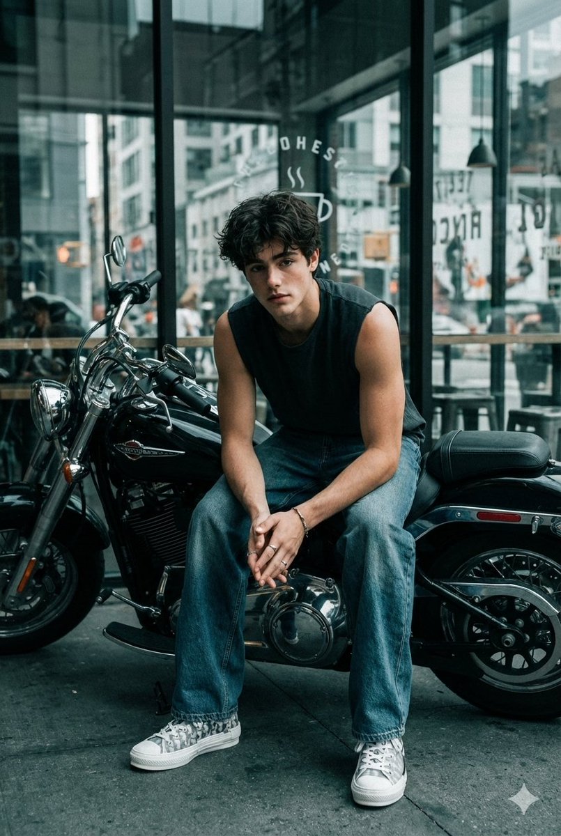 Cinematic Full-body Portrait Male Biker Confidently Sitting — Nano Banana Pro image prompt example