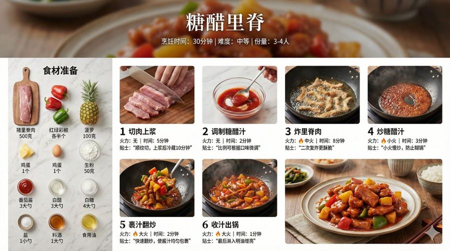 Home-style Cooking Step Infographic for 【Sweet and Sour Pork】 — Nano Banana Pro image prompt example