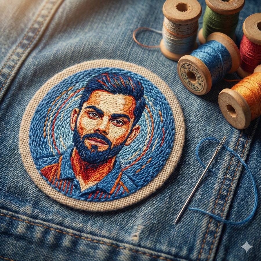Detailed Embroidered Portrait Patch of Virat Kohli with Colorful — Nano Banana Pro image prompt example