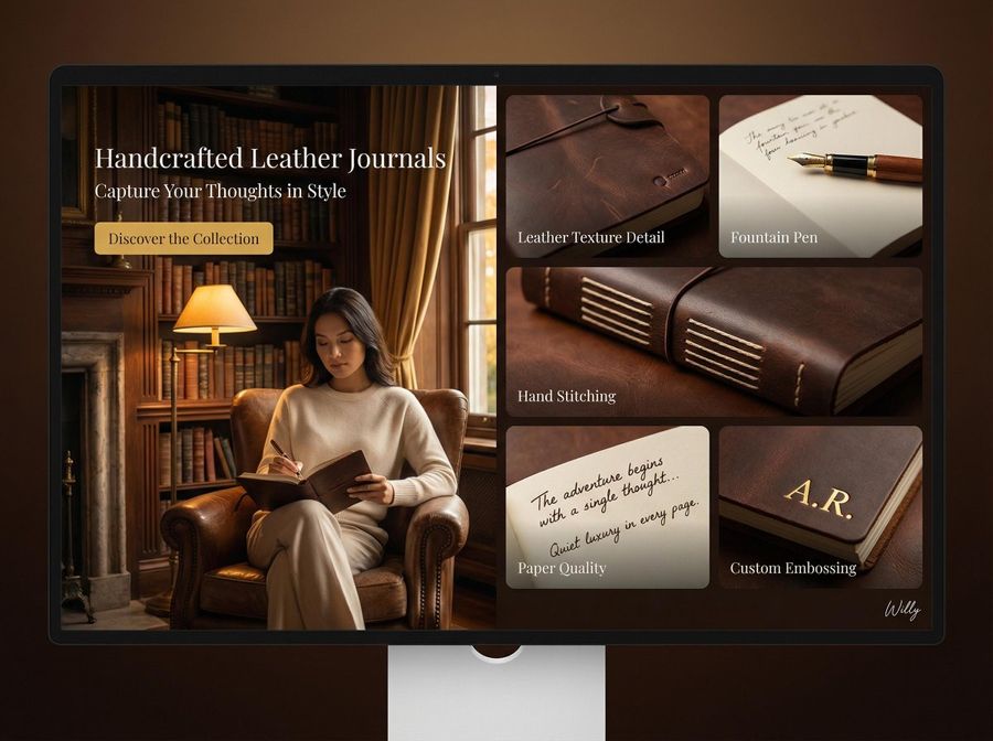 Cozy and Inviting Library Interior Product Showcase, Desktop Landing — Nano Banana Pro image prompt example