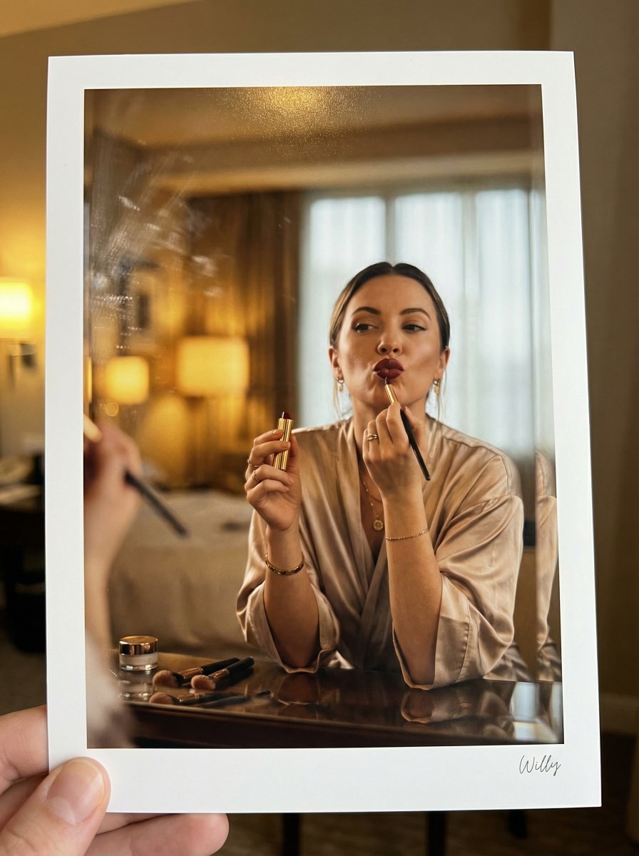 Ultra-photoreal Candid Editorial Shot of a Makeup Mirror Reflecting — Nano Banana Pro image prompt example
