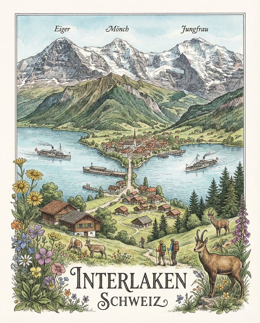 Beautiful Lake and Surrounding Scenery of Interlaken, Switzerland — Nano Banana Pro image prompt example