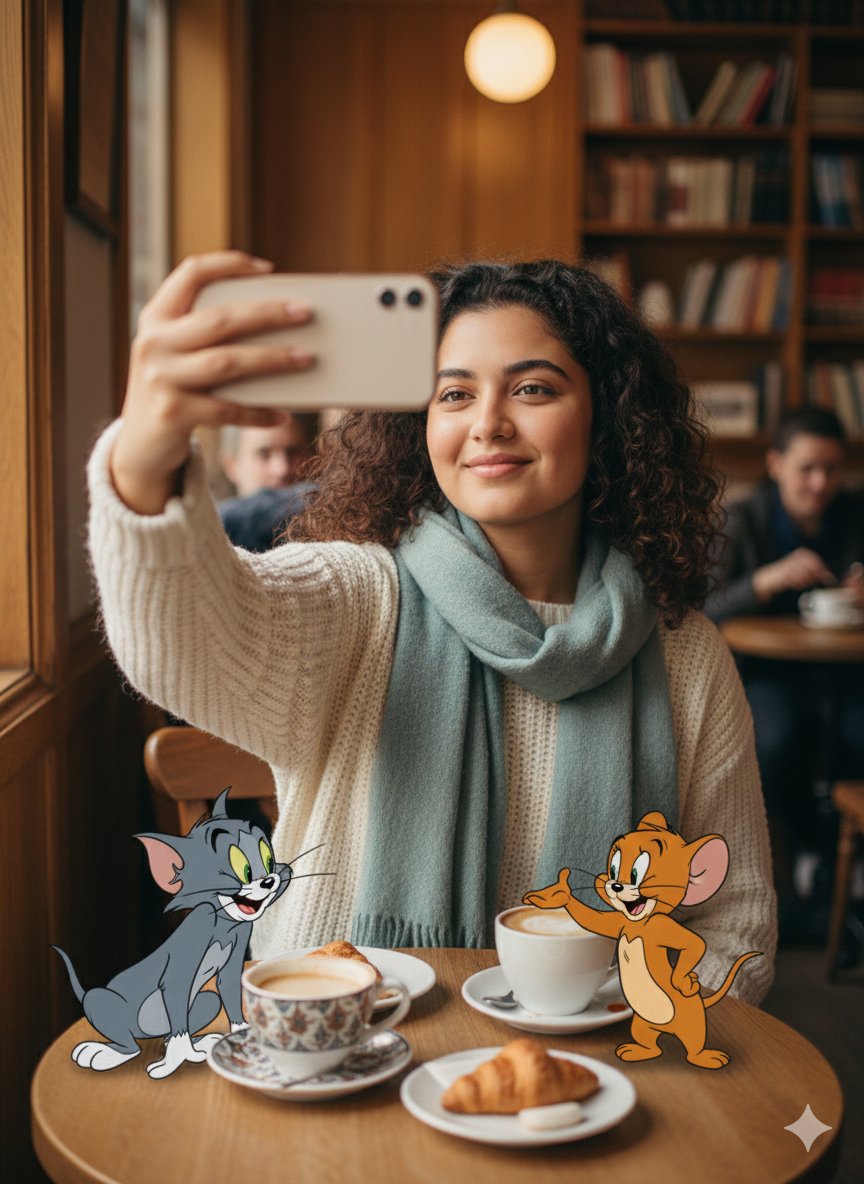 Photorealistic Selfie + Cartoon Crossover — Nano Banana Pro image prompt example