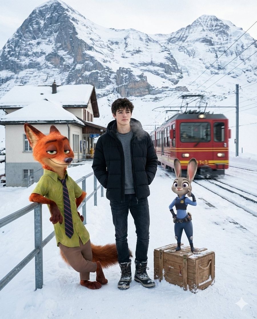 Cinematic Winter Travel Moment Set at a Quiet Alpine Mountain Station — Nano Banana Pro image prompt example