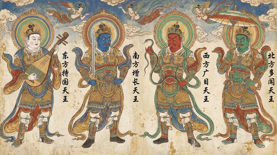 Painting of the Four Heavenly Kings in the Style of Chinese Dunhuang — Nano Banana Pro image prompt example