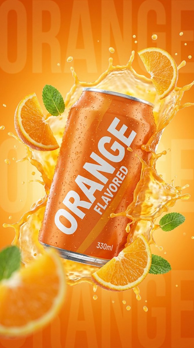 Commercial Product Photography of a Wet 330Ml Orange Aluminum Soda — Nano Banana Pro image prompt example