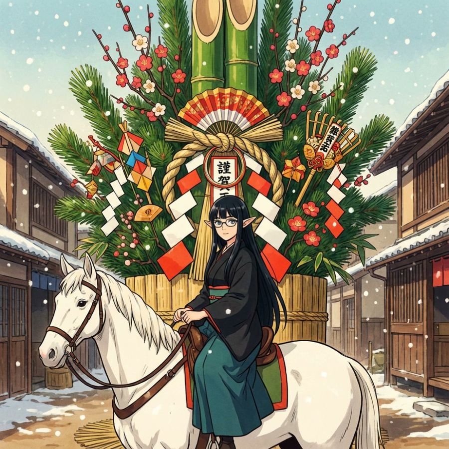 Happy New Year Kadomatsu Kimono Black-haired Long-haired Glasses Elf — Nano Banana Pro image prompt example
