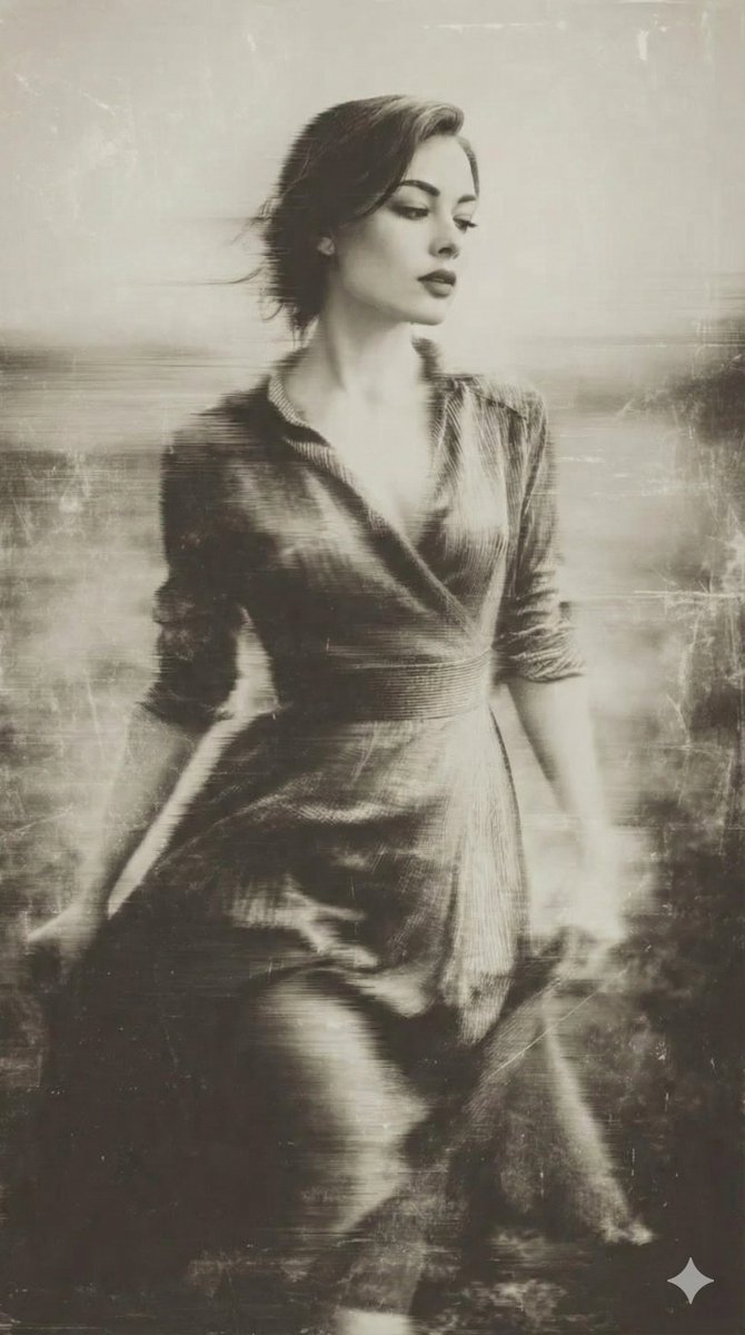 Vintage Wet-plate Photograph of a Young Woman Standing in a Windy — Nano Banana Pro image prompt example