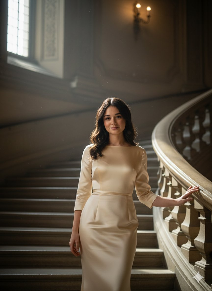 Female Standing Mid-staircase, Relaxed Elegant Posture — Nano Banana Pro image prompt example