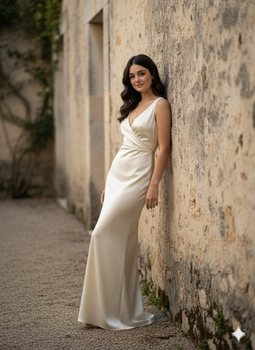 Female Leaning Lightly Against a Sun-bleached Garden Wall — Nano Banana Pro image prompt example