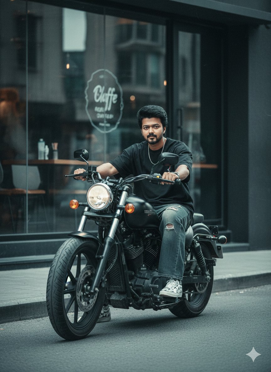 Cinematic Full-body Portrait Young Male Biker Confidently Riding — Nano Banana Pro image prompt example