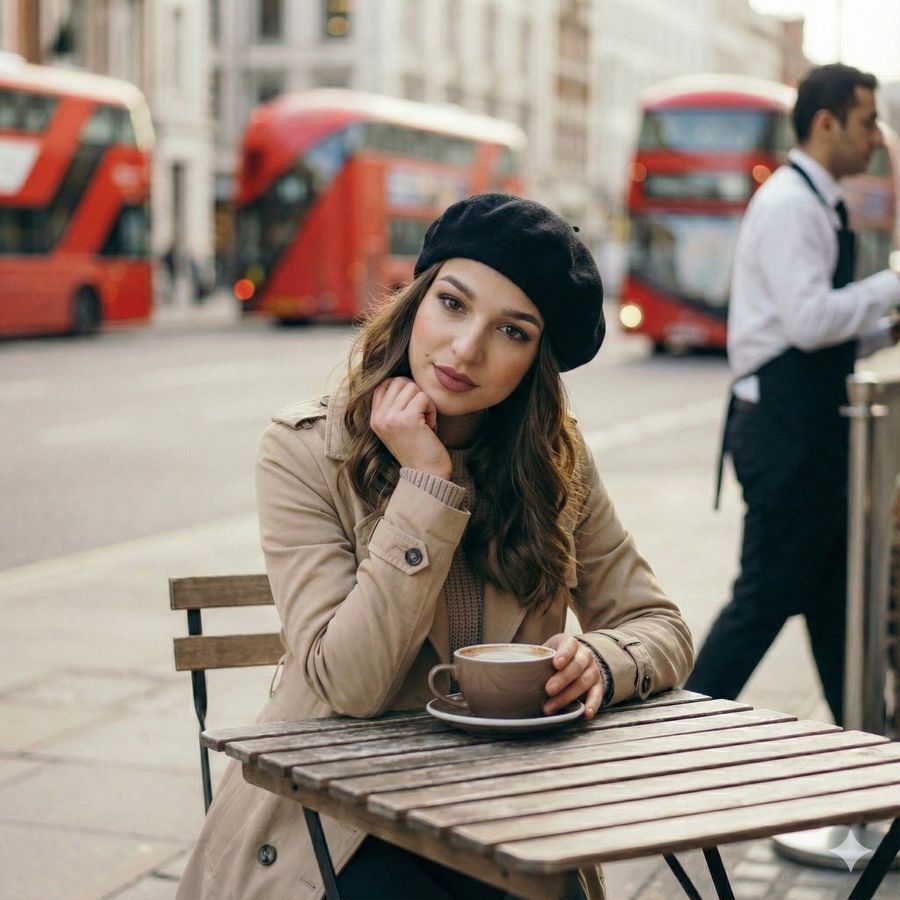 Photorealistic Outdoor Café Setting in Central London During Early — Nano Banana Pro image prompt example