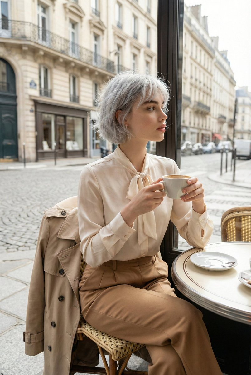 Candid Lifestyle Portrait of a Young Woman with Short Silver-gray — Nano Banana Pro image prompt example