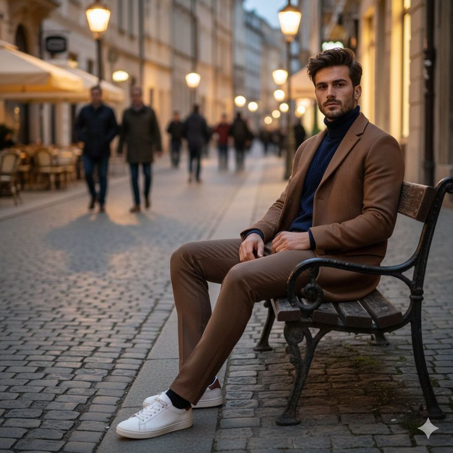 Stylish Handsome Man Sitting on a Vintage Bench on a European — Nano Banana Pro image prompt example