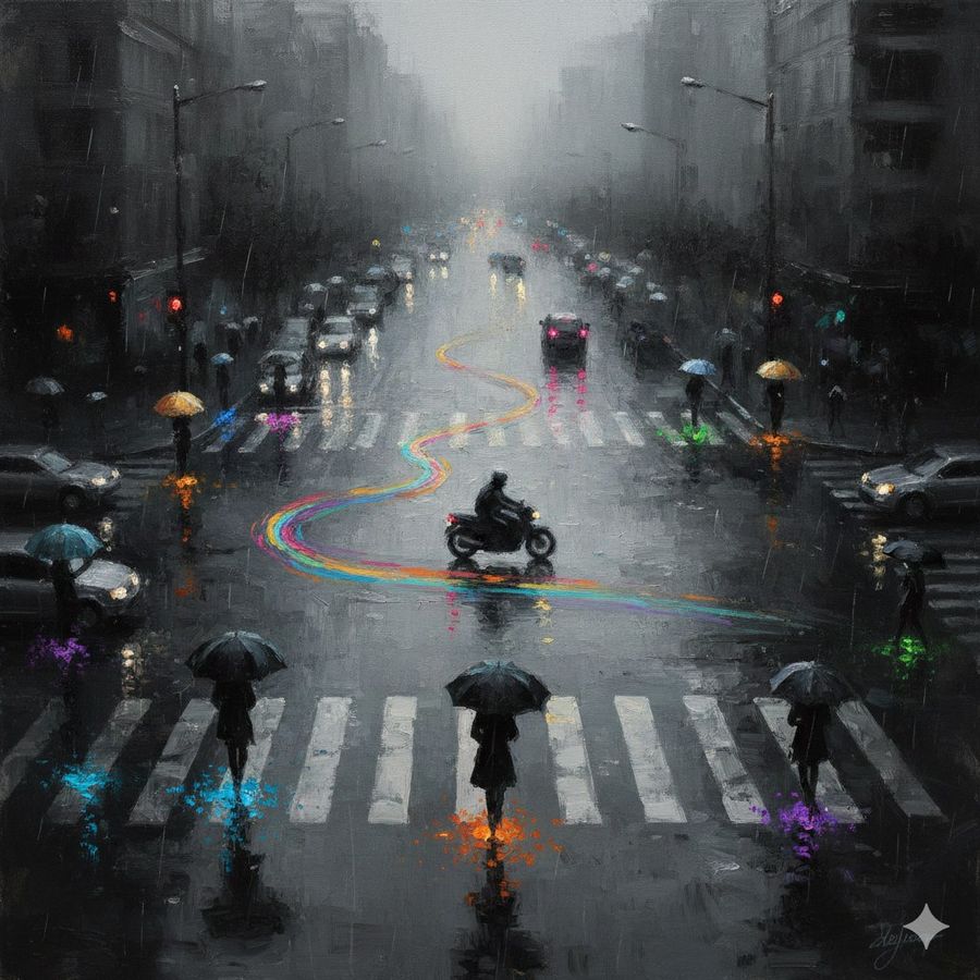High-angle, Wide-composition Impressionist Oil Painting of a Rainy — Nano Banana Pro image prompt example