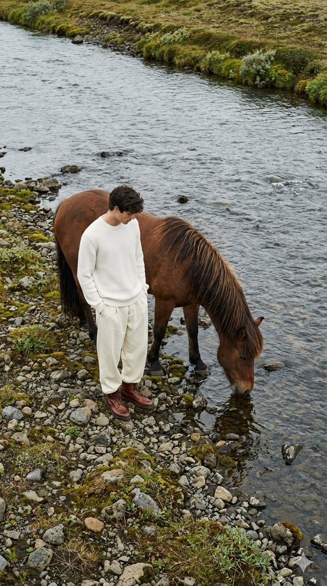 High Angle Shot Looking Down at the Male Model and Brown Horse — Nano Banana Pro image prompt example