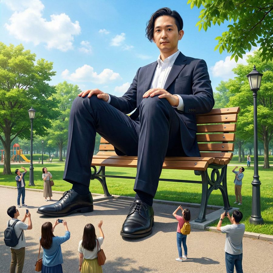 Giant Self" Is Sitting on a Bench, and the Scale Is Mismatched — Nano Banana Pro image prompt example