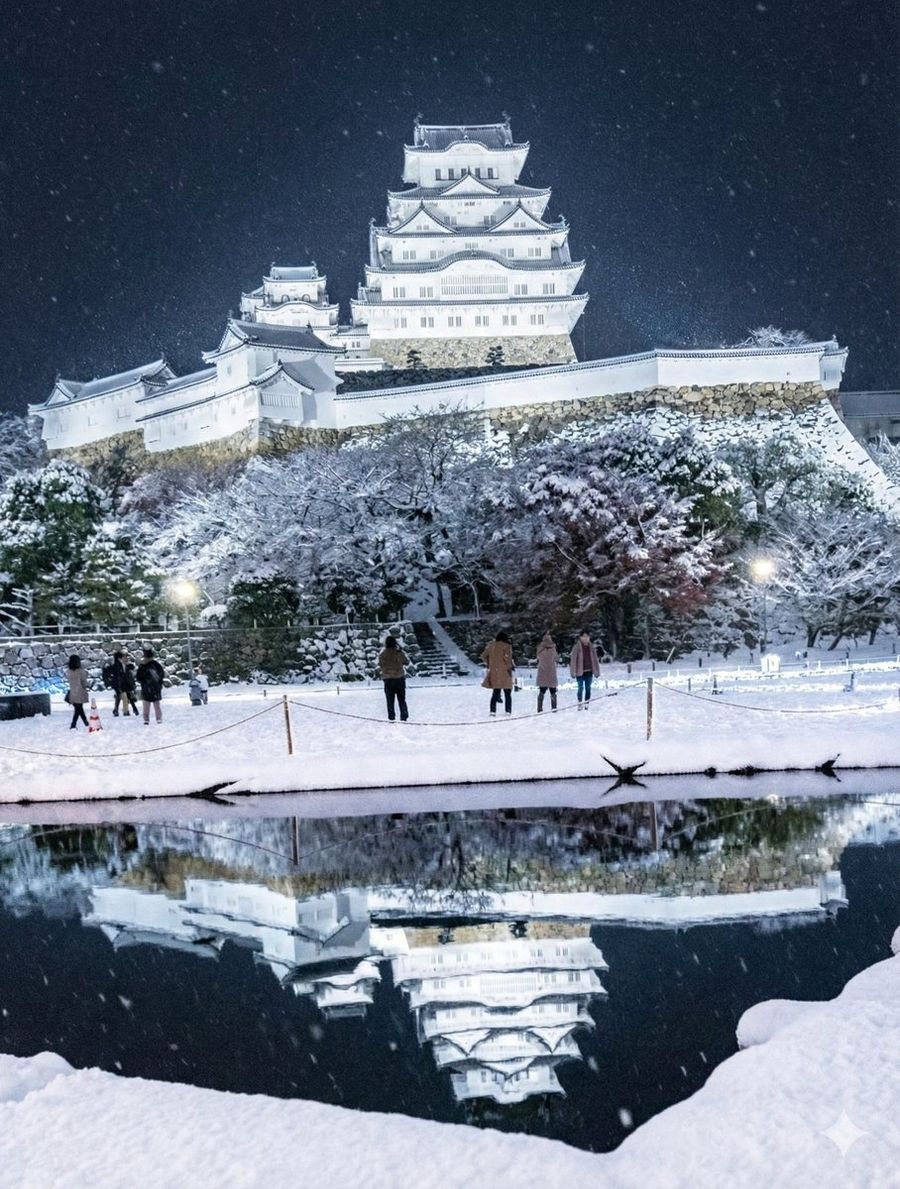 Snowy Himeji Castle [Mirror Flower, Water Moon] — Nano Banana Pro image prompt example