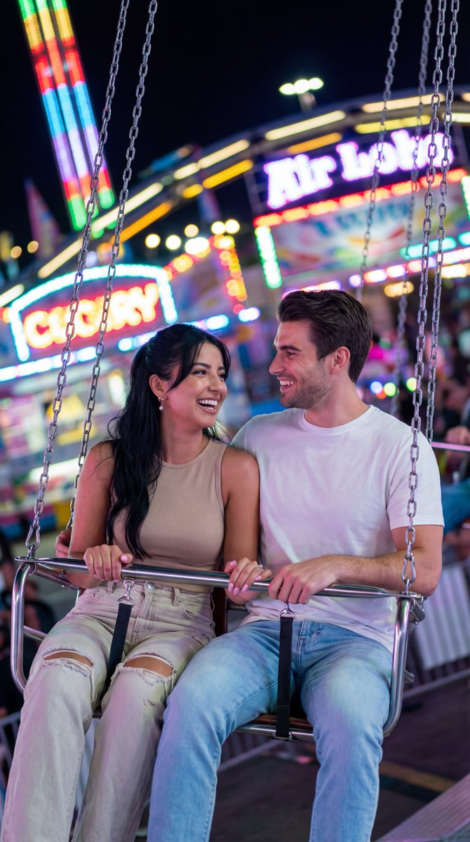 Photoreal Cinematic Night Fair Ride Couple Swing Motion Blur — Nano Banana Pro image prompt example