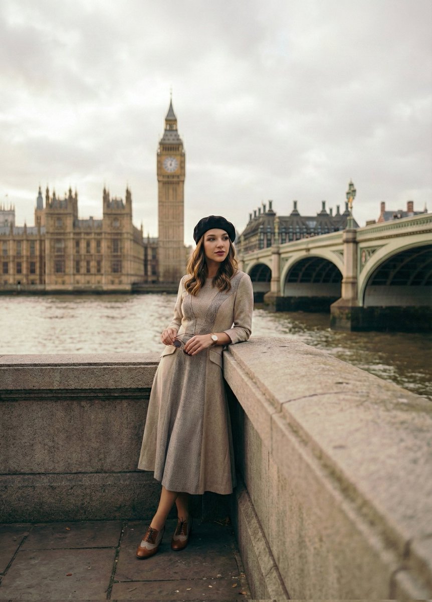 Photorealistic Cinematic Portrait Beside the Thames River in London — Nano Banana Pro image prompt example
