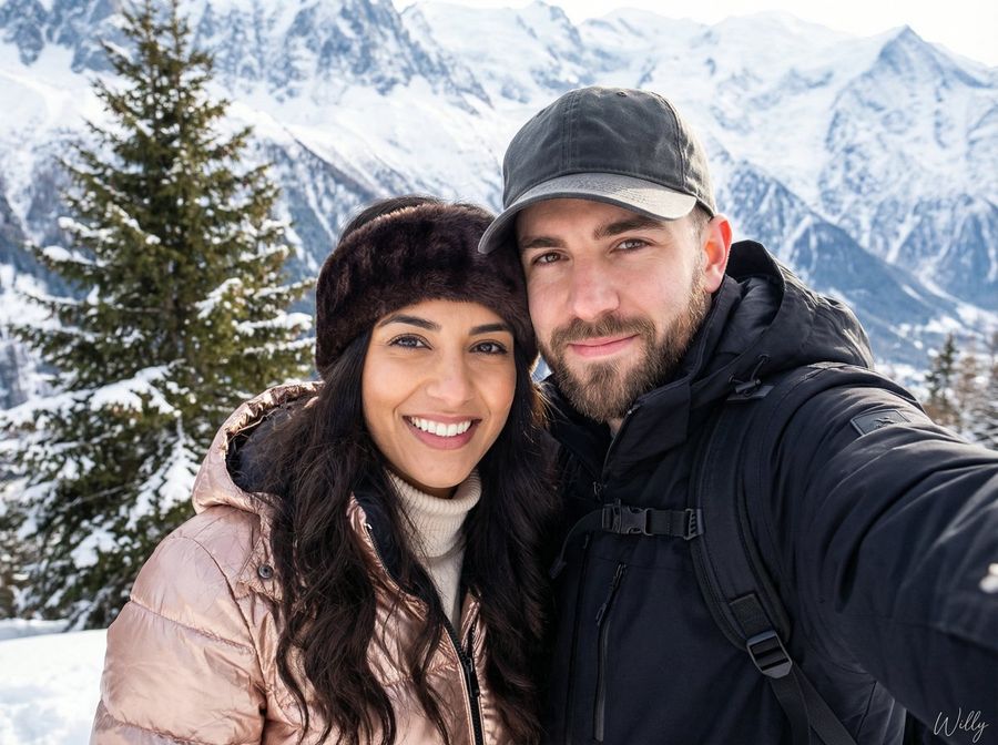 Happy Young Couple Taking a Close-up Selfie While Hiking in a Snowy — Nano Banana Pro image prompt example