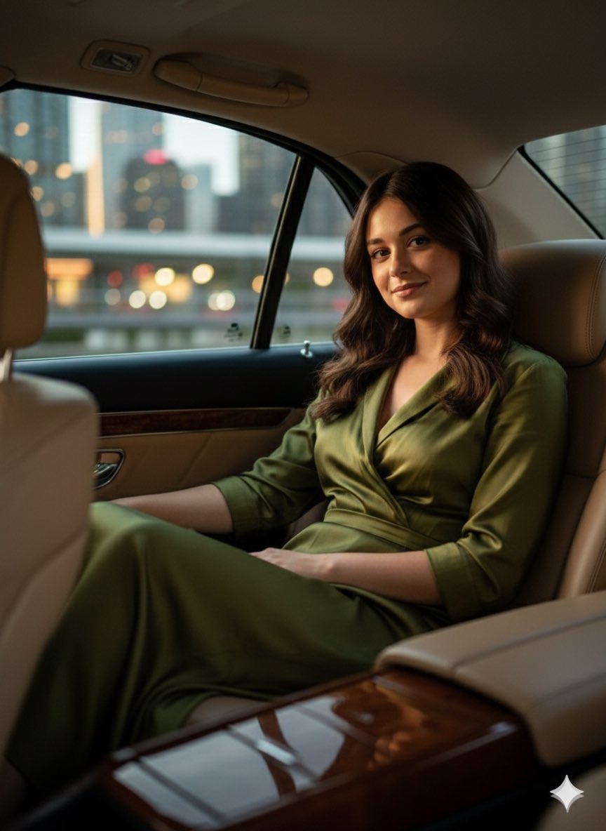 Female Seated in the Back Seat, Relaxed Posture — Nano Banana Pro image prompt example