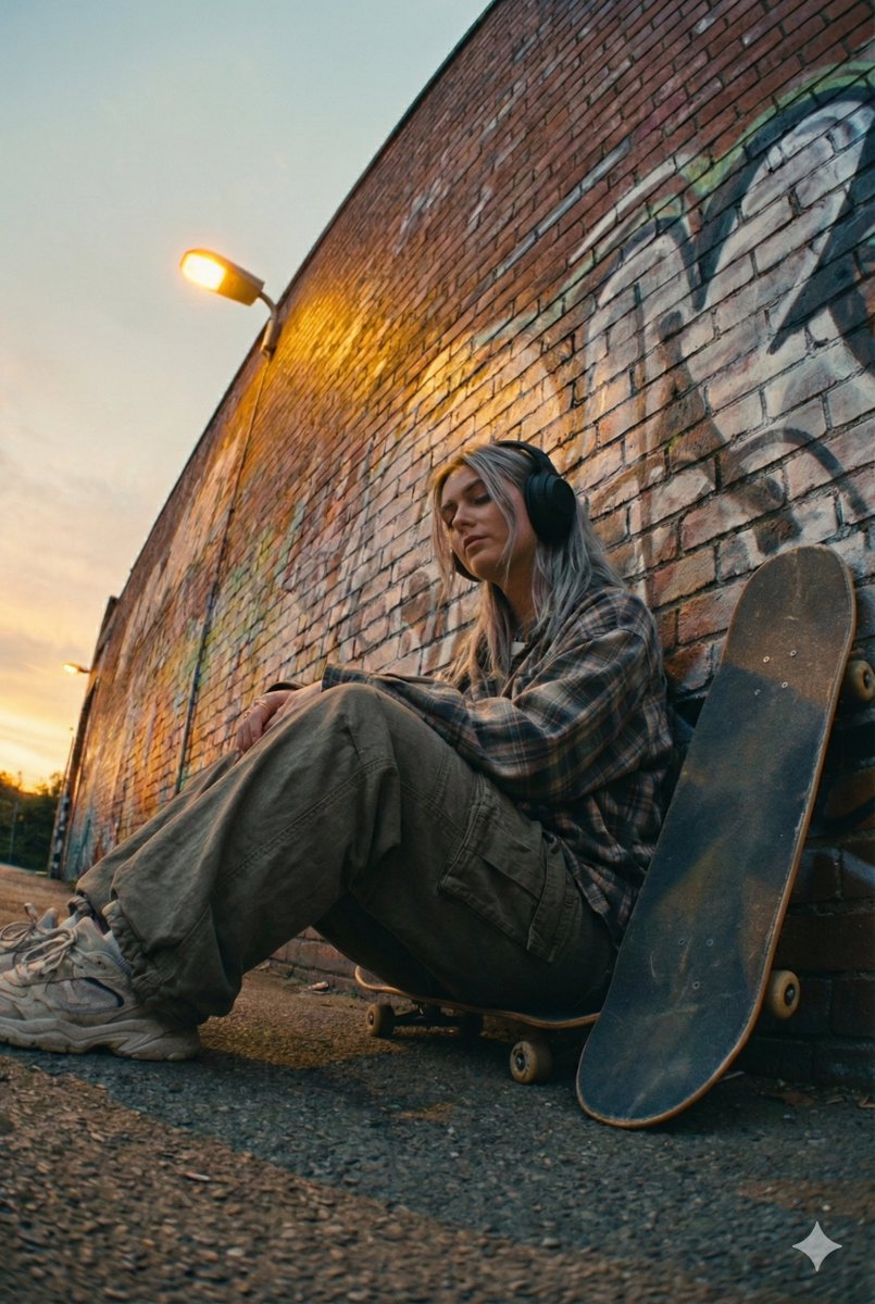 Urban Street Corner at Dusk Beside a Brick Wall Covered in Graffiti — Nano Banana Pro image prompt example