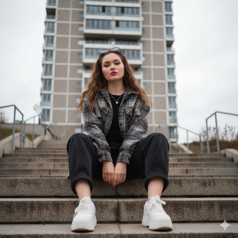 High-resolution Low-angle, Full-body Shot of a Beautiful Woman — Nano Banana Pro image prompt example