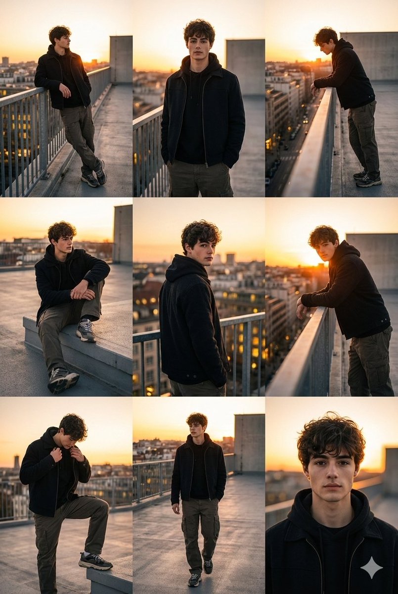 3 × 3 Grid Cinematic Fashion Collage of a Young Man on a Rooftop — Nano Banana Pro image prompt example
