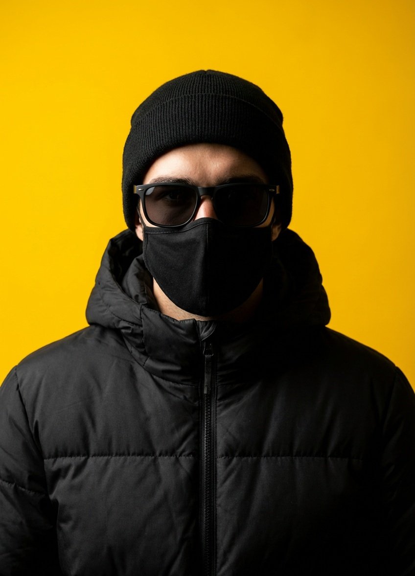 Minimalist Studio Portrait of a Man Standing Front-facing Against — Nano Banana Pro image prompt example