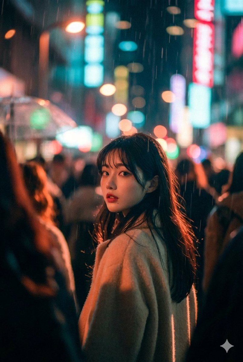 Standing in a Crowded Street, Turning Her Head Over Her Shoulder — Nano Banana Pro image prompt example
