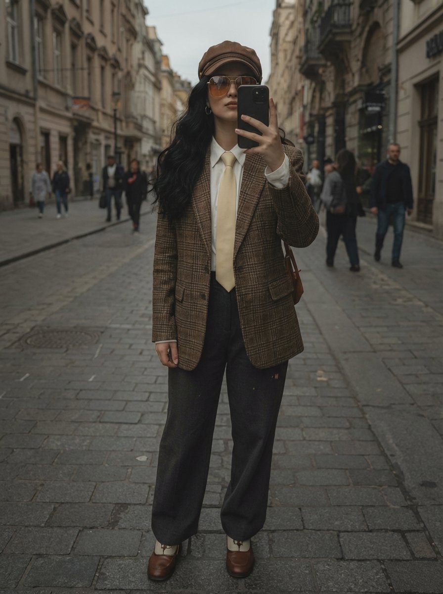 Stylish Woman Taking a Mirror Selfie on a European Cobblestone — Nano Banana Pro image prompt example