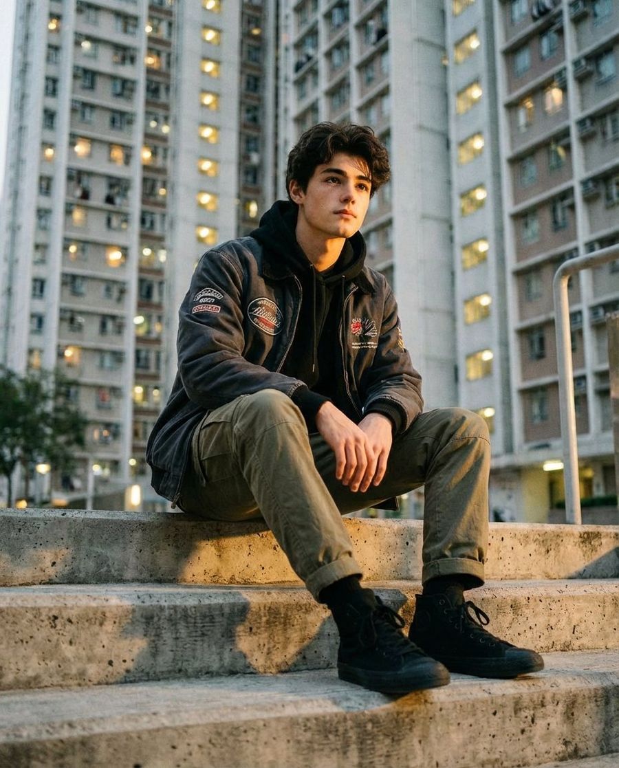 Stylish Young Man Sitting Confidently on Raw Concrete Steps Inside — Nano Banana Pro image prompt example