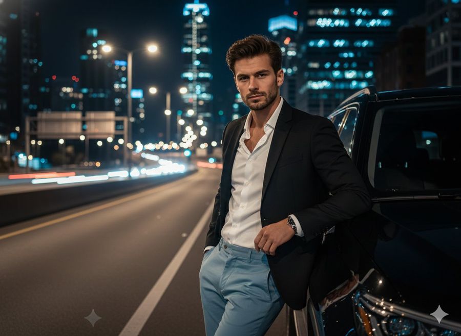 Cinematic Night-time Urban Portrait of a Confident, Handsome Man — Nano Banana Pro image prompt example