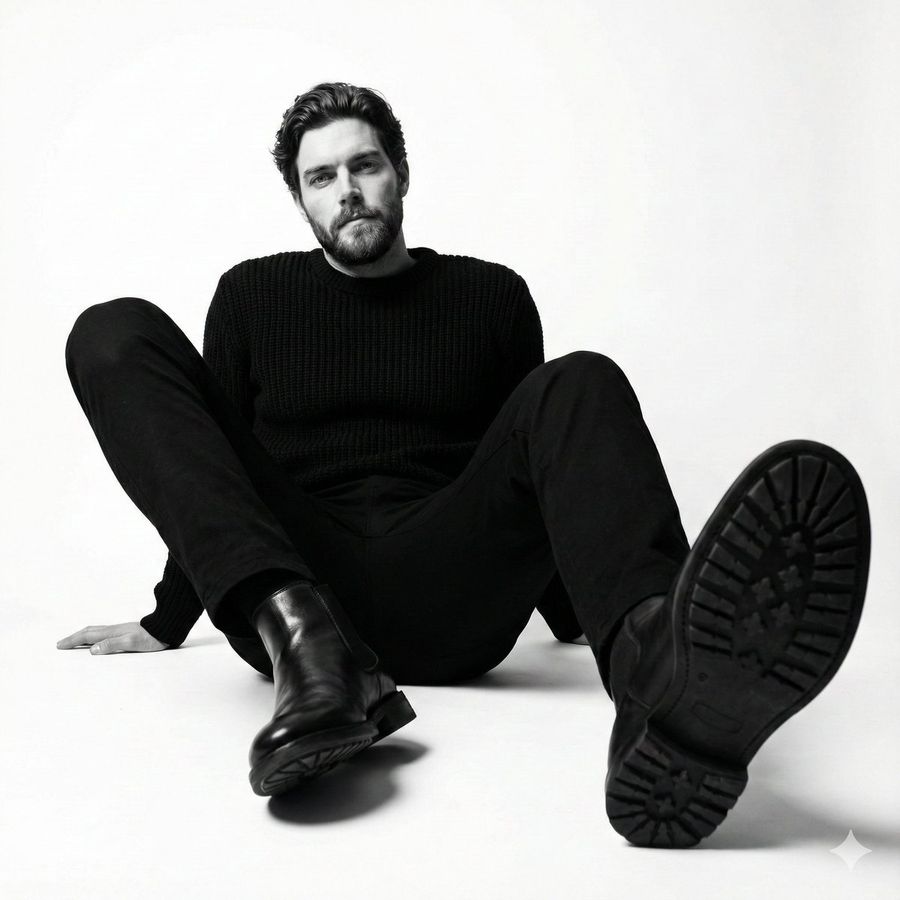 Black-and-white Fashion Photo of a Man Seated on a Simple Metal Stool — Nano Banana Pro image prompt example