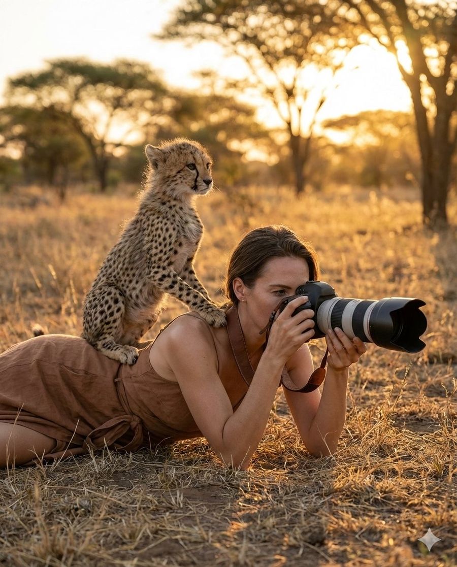 Ultra-realistic Wildlife Photography Scene: an Elegant Woman — Nano Banana Pro image prompt example