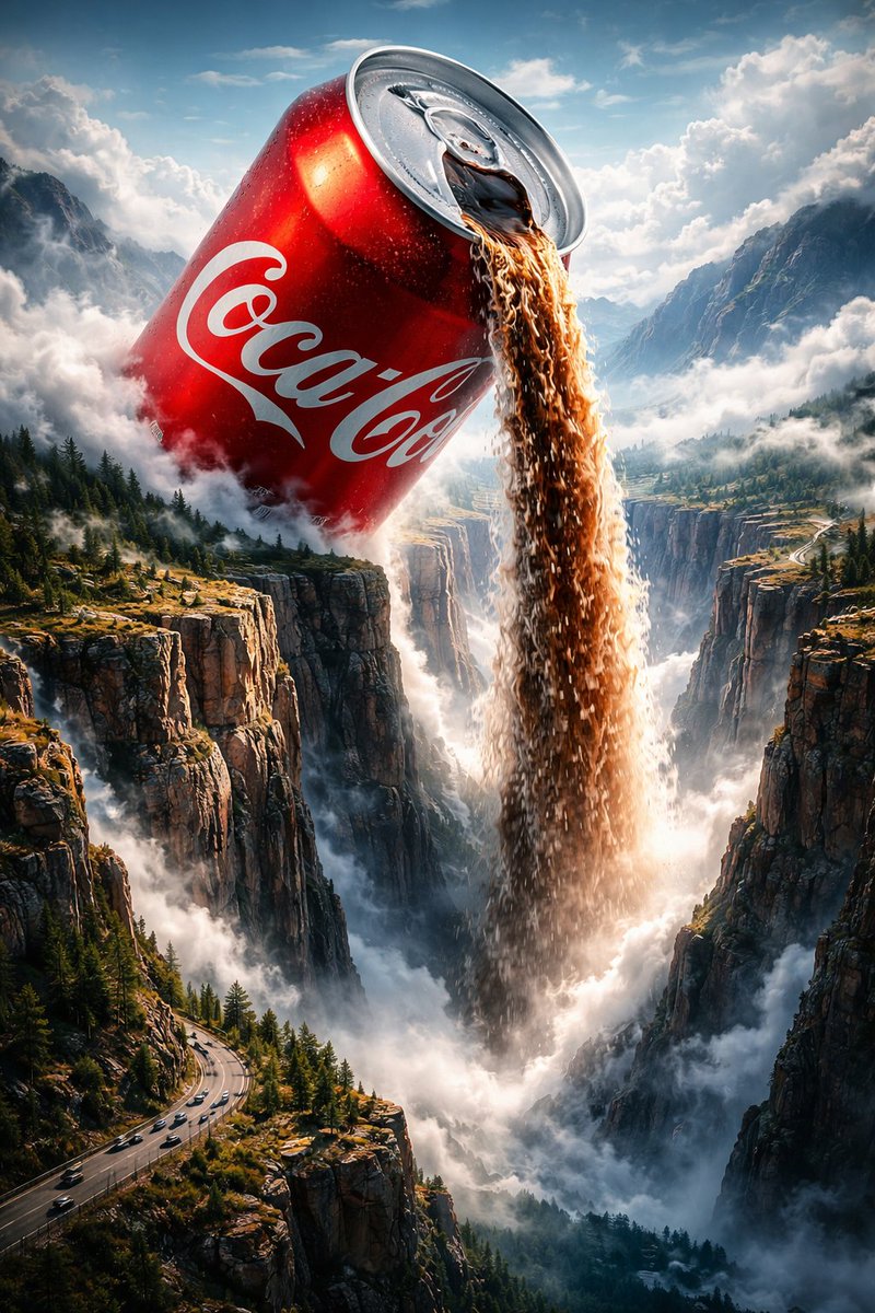 Surreal Epic Landscape Where a Giant Coca-Cola Can Pours Cola Like — Nano Banana Pro image prompt example