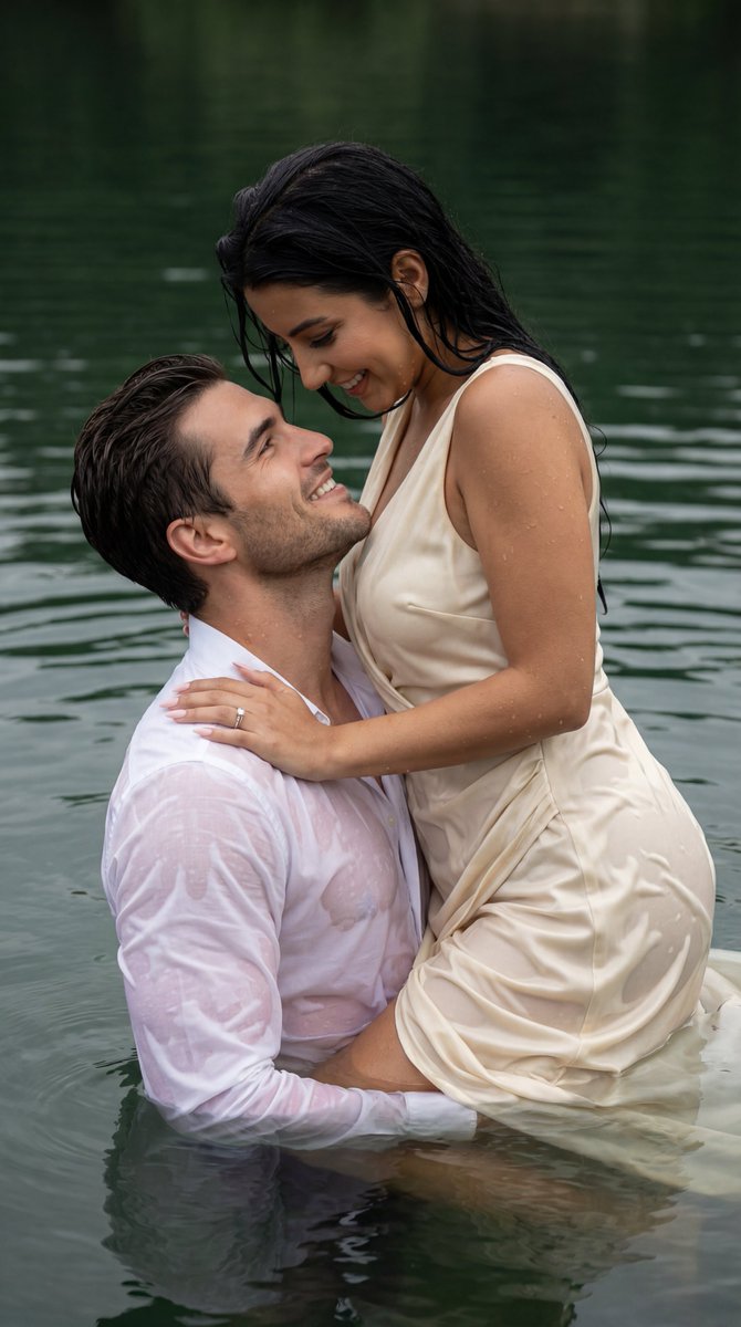 Romantic Couple Embraced in the Lake Water, Physically Realistic — Nano Banana Pro image prompt example