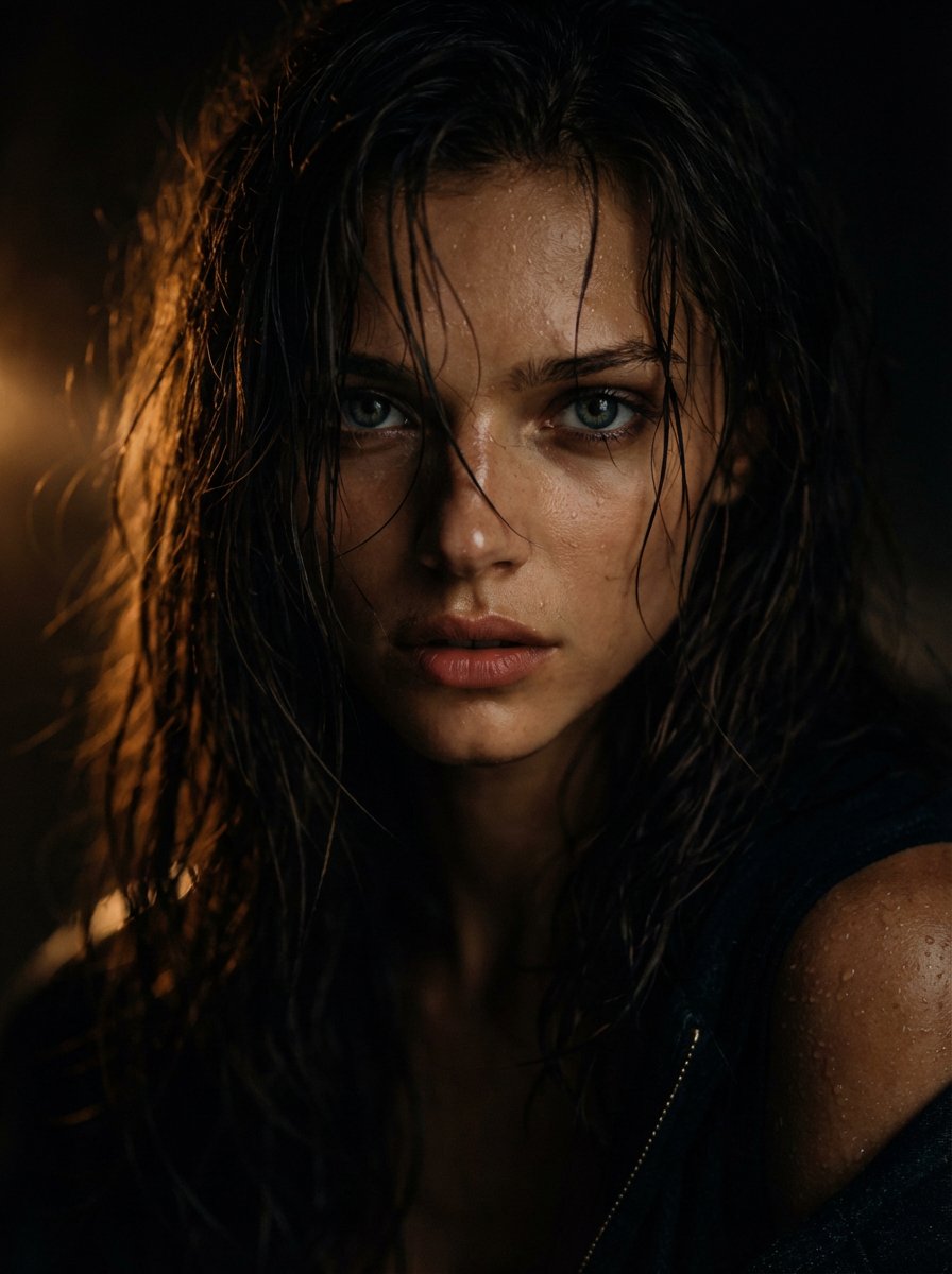Cinematic Low-key Portrait of a Young Woman with Wet, Tousled Dark — Nano Banana Pro image prompt example