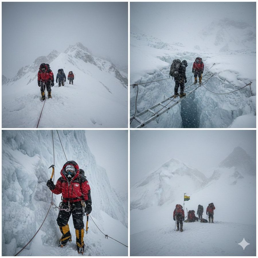 Group of High-altitude Mountaineers Navigating a Treacherous — Nano Banana Pro image prompt example