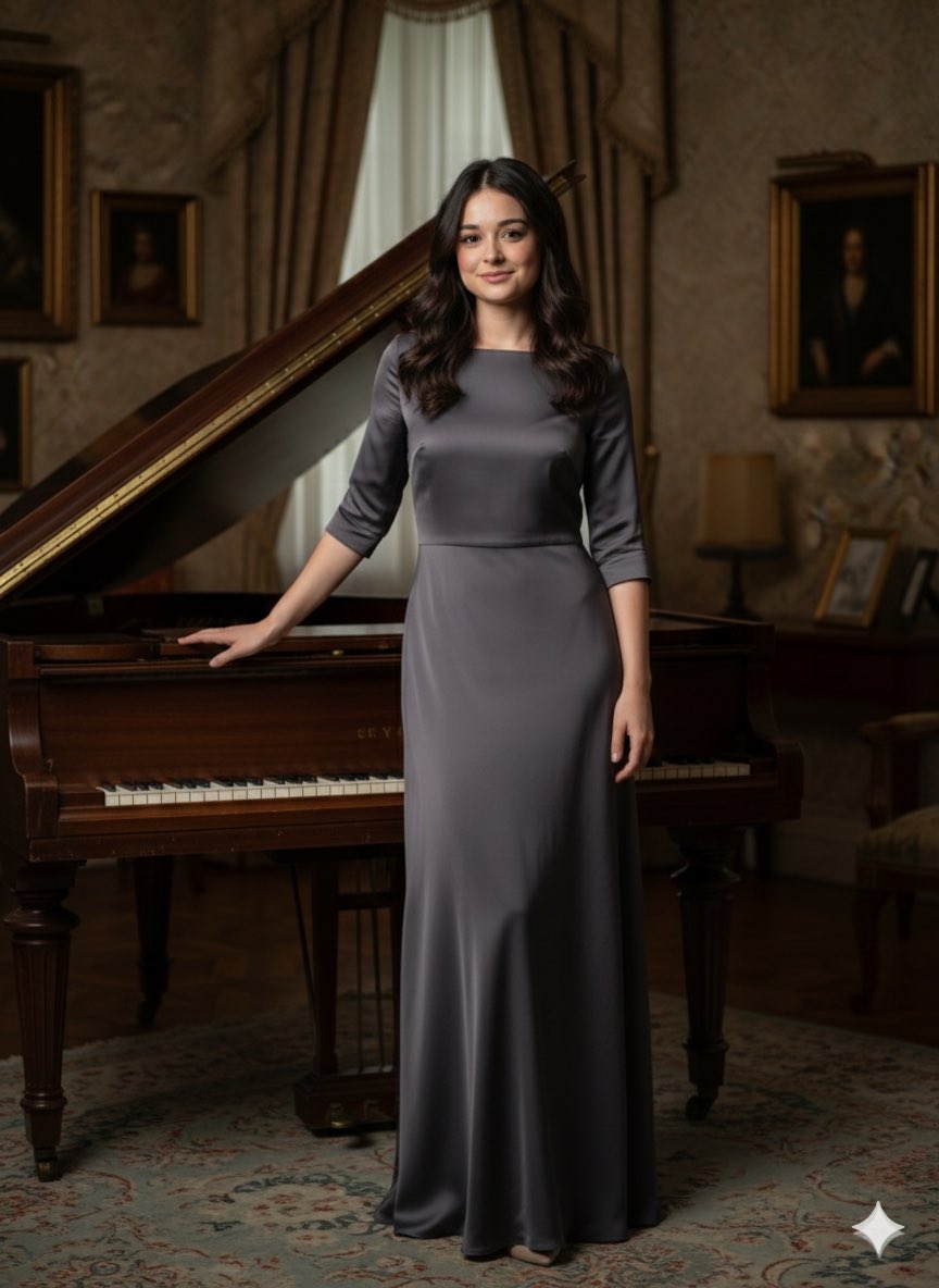 Female Standing Beside a Grand Piano — Nano Banana Pro image prompt example