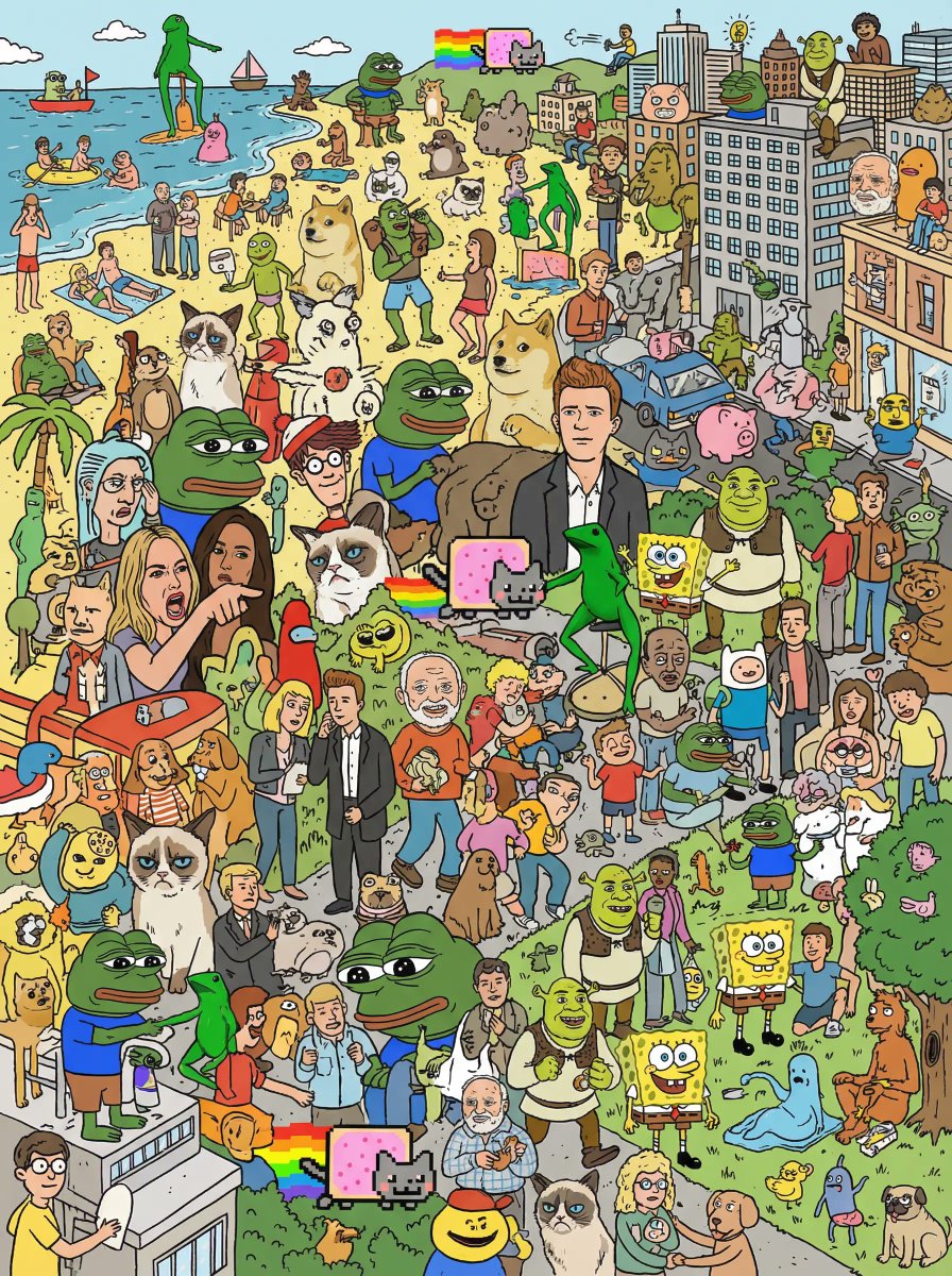 Every Known Meme Character in the Style of "Where's Wally — Nano Banana Pro image prompt example