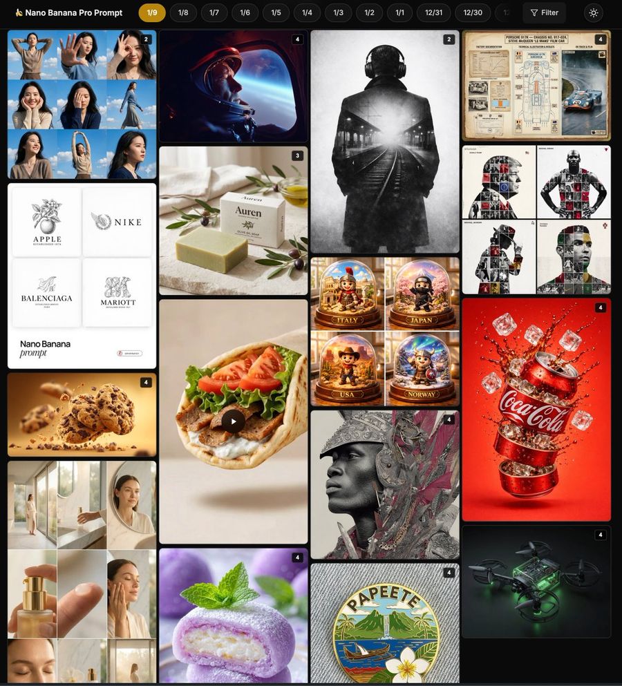 3x3 Grid Female Pose Collage, Nano Banana Prompt Highlighting Dynamic — Nano Banana Pro image prompt example