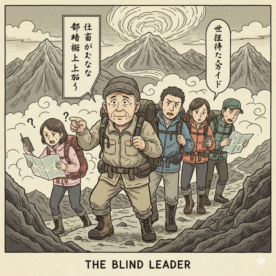 Illustration Comparing an Incompetent Showa-era Boss to a "Mountain — Nano Banana Pro image prompt example