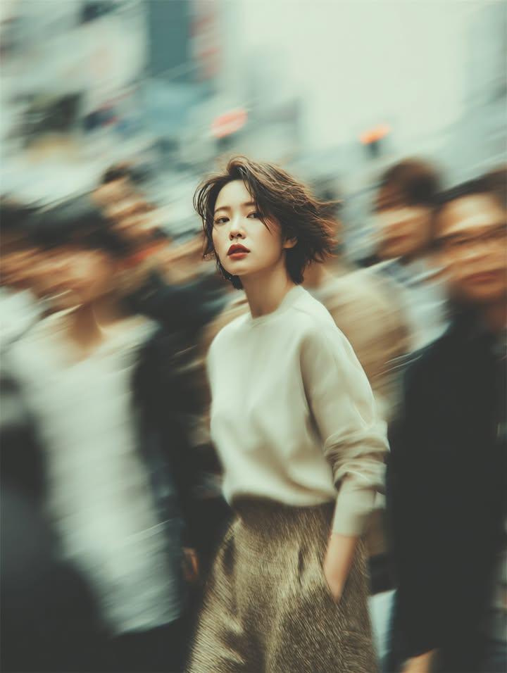 Cinematic Street Portrait of a Young Woman Standing Still in a Busy — Nano Banana Pro image prompt example